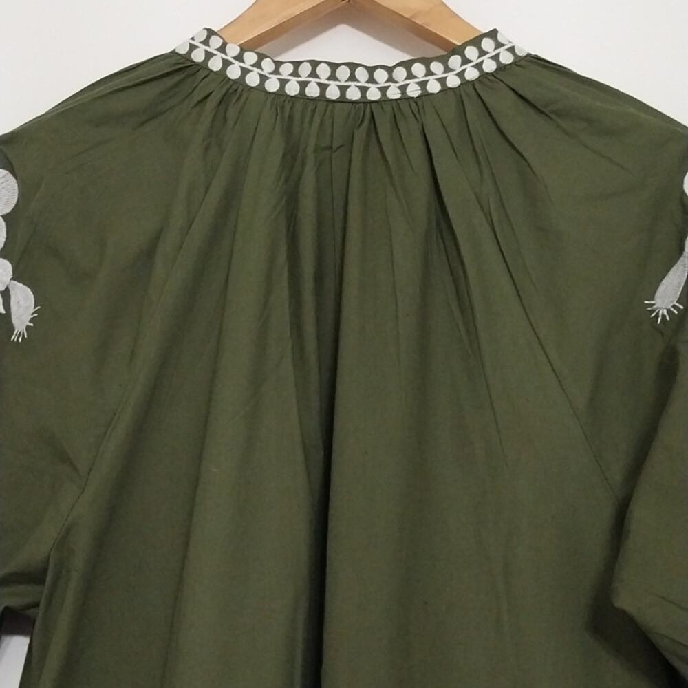 Olive Green Embroidered Mini Dress with White Floral Detail - Picture 7 of 11